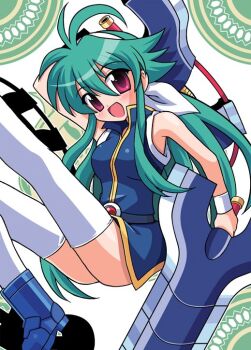 1girl :d antenna_hair bare_shoulders belt black_belt blue_boots blue_dress boots breasts chirorian collared_dress commentary_request dress foot_out_of_frame green_hair hair_ribbon high_collar holding holding_weapon long_hair long_sidelocks medium_breasts open_mouth purple_eyes ribbon shinrabanshou shizuku_(shinrabanshou) sidelocks sleeveless sleeveless_dress smile solo thighhighs very_long_hair weapon weapon_on_back white_background white_ribbon white_thighhighs wristband