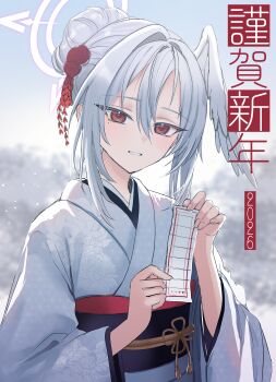 1girl 2026 absurdres blue_archive commentary_request floral_print floral_print_kimono flower hair_between_eyes hair_flower hair_ornament halo head_wings highres holding_omikuji japanese_clothes kimono looking_at_viewer mole mole_under_eye new_year obi obijime omikuji parted_lips print_kimono purple_halo red_eyes red_flower sash single_head_wing single_wing smile snowing solo suzumi_(blue_archive) tax_(zeita_gundam) translation_request updo upper_body white_hair white_kimono white_wings wings