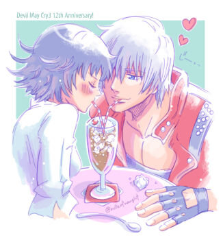1boy 1girl allie_(united_f) anniversary artist_name black_gloves blue_eyes closed_eyes coat dante_(devil_may_cry) devil_may_cry devil_may_cry_(series) devil_may_cry_3 drinking_straw fingerless_gloves gloves heart lady_(devil_may_cry) red_coat shared_drink shirt spoon white_shirt