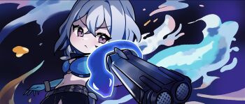 Rule 34 | 1girl, aiming, aiming at viewer, black shorts, blue bra, blue hands, bra, breasts, chibi, chibi only, closed mouth, commentary, fingernails, galbrena (wuthering waves), grey hair, hair between eyes, highres, looking at viewer, medium breasts, medium hair, mutation, navel, purple eyes, shorts, solo, stomach, symbol-only commentary, underwear, v-shaped eyebrows, wuthering waves, yami (yami56 u)