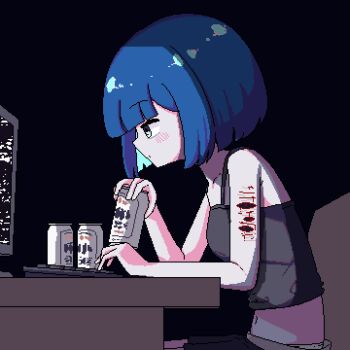 1girl alcohol animated animated_gif asahi_breweries at_computer beer beer_can black_background bleeding blinking blood blue_hair blunt_bangs bob_cut can chibikki commentary computer computer_keyboard cuts desk drink_can english_commentary injury leaning_forward monitor nanako_(chibikki) original pixel_art self-harm solo static