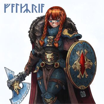 1girl adepta_sororitas armor axe blue_eyes bone braid fang highres kabewski loincloth pelt power_armor red_hair runes scar scar_across_eye scar_on_face shield simple_background solo twin_braids warhammer_40k white_background wolf