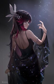 1girl artist_name back bare_shoulders black_dress black_hair breasts breasts_apart closed_eyes closed_mouth columbina_(genshin_impact) commentary cowboy_shot dress fingernails from_behind genshin_impact grey_background hair_ornament hand_up hashtag-only_commentary highres long_hair m_alexa purple_hair solo spaghetti_strap very_long_hair wing_hair_ornament