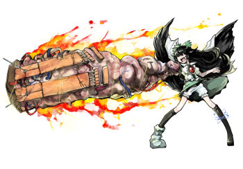 Rule 34 | 1girl, akira (manga), alternate weapon, arm cannon, asymmetrical clothes, asymmetrical footwear, bad id, bad pixiv id, black hair, bloomers, boots, dress, female focus, k9999, knee boots, kneehighs, long hair, mismatched footwear, parody, red eyes, reiuji utsuho, ribbon, snk, socks, solo, the king of fighters, tima, touhou, underwear, weapon, white bloomers, wince, wings