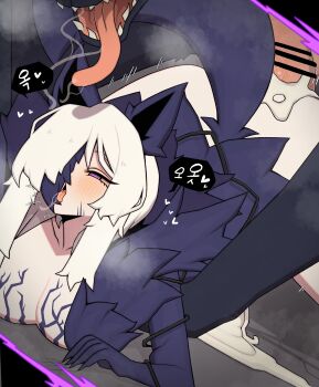 1girl absurdres alleyway_watchdog_(project_moon) animal animal_ears bestiality body_fur bori_(3910234) breasts censored claw_mark collarbone cum cum_on_ass cum_on_body drooling eyelashes faust_(project_moon) fingernails heart highres korean_text large_breasts large_penis limbus_company long_hair open_mouth penis project_moon purple_eyes purple_fur purple_tail saliva scratching sex sharp_fingernails speech_bubble tail tongue tongue_out top-down_bottom-up white_hair wolf wolf_ears wolf_girl wolf_tail