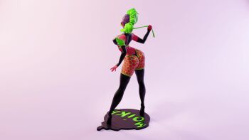 1girl 3d alternate_costume animated artist_request ass breasts character_name cleavage_cutout clothing_cutout collar colored_skin detached_sleeves figure fishnets full_body green_hair high_heels huge_ass large_breasts moika_(moikaloop) multiple_views navel official_alternate_costume pink_background platform red_skin smile spiked_hair strap tagme thighhighs tongue tongue_out turnaround video