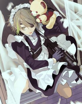 18trip 1boy :p alternate_costume apron black_dress black_gloves bullet_maid_(18trip) crossdressing crossdressing_(mtf) curtains dress enmaided eyepatch frilled_apron frills gloves green_streaks grey_hair gun highres holding holding_gun holding_stuffed_toy holding_weapon leaning_out_of_window maid maid_apron maid_headdress male_focus multicolored_hair official_alternate_costume one_eye_covered shiramitsu_ryui streaked_hair stuffed_animal stuffed_toy suzu_(syumai) teddy_bear tongue tongue_out too_many too_many_frills weapon weapon_request white_wrist_cuffs window wrist_cuffs yellow_eyes