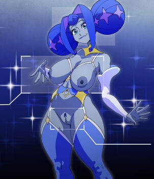 absurdres android blue_eyes blue_hair drpizzaboi1 garter_belt garter_straps glitch_productions highres knights_of_guinevere lingerie nipples princess princess_guinevere pussy smile solo thighhighs underwear