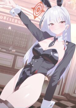 1girl absurdres blue_archive blush breasts cleavage halo haruna_(blue_archive) highres kurozawa_yui long_hair long_sleeves looking_at_viewer medium_breasts playboy_bunny red_eyes smile solo white_hair