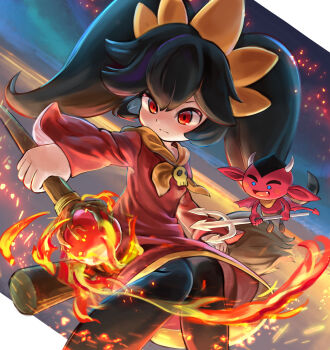 1girl absurdres aq_gohan ashley_(warioware) black_hair black_pantyhose blue_eyes broom broom_riding commentary_request demon demon_horns demon_tail demon_wings dress expressionless fire highres holding holding_pitchfork holding_staff horns long_hair mage_staff magic neckerchief nintendo orange_neckerchief pantyhose pitchfork red_(warioware) red_dress red_eyes red_skirt skirt skull_ornament staff tail twintails warioware wings