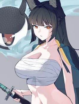 1girl absurdres animal_ear_fluff animal_ears arm_behind_back bare_arms black_hair blunt_bangs braid breasts bright_pupils chest_sarashi cleavage collarbone cropped eyeball fox_ears fox_girl green_jacket grey_background half_up_braid hand_up highres holding holding_sheath hoshimi_miyabi jacket jacket_on_shoulders katagiri_nanoka katana large_breasts long_hair looking_at_viewer navel parted_lips red_eyes sarashi sheath simple_background solo sword tailless_(zenless_zone_zero) unsheathing upper_body very_long_hair weapon white_pupils zenless_zone_zero