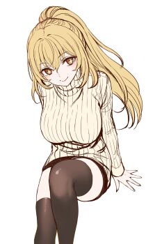 1girl black_skirt black_thighhighs blonde_hair breasts bright_pupils brown_eyes casual closed_mouth commentary hair_between_eyes highres knee_up large_breasts long_hair long_sleeves looking_at_viewer nogi_yasuhito pencil_skirt ponytail shokuhou_misaki skirt smile sparkling_eyes sweater thighhighs toaru_kagaku_no_mental_out toaru_kagaku_no_railgun toaru_majutsu_no_index turtleneck turtleneck_sweater very_long_hair white_background