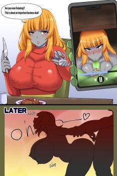 1boy 1girl 2koma :&gt;= absurdres angry annoyed arm_grab arm_pull ass blush bouncing_breasts breast_press breasts cellphone censored chair character_request colored_skin comic covered_erect_nipples cum cum_in_mouth cup doggystyle eating english_text eye_contact fake_phone_screenshot fake_screenshot fellatio food fork from_side green_skin grey_skin hetero highres hime_cut holding holding_fork holding_knife huge_ass knife large_breasts lips looking_at_another looking_at_phone looking_at_viewer moaning monster_boy monster_girl nail_polish nails nipples open_mouth oral orange_hair penis phone pov precum red_eyes sequential sex sex_from_behind shiromochi_(123) sidelocks silhouette smartphone speech_bubble sweat table translated under_table