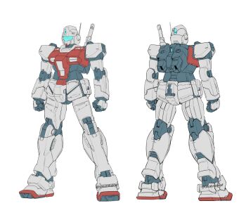 antennae assault_visor energy_sword front_and_back gm_(mobile_suit) gundam head_vulcanguns highres holding holding_weapon humanoid_robot machinery mecha mecha_focus mechanical_arms mechanical_hands mechanical_legs mobile_suit mobile_suit_gundam no_humans original radio_antenna redesign robot science_fiction simple_background standing sword takaba_akinori thrusters twitter_username watermark weapon white_background