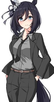 1girl animal_ears belt black_hair black_jacket black_necktie black_pants blue_eyes blush breasts brown_belt closed_mouth eishin_flash_(umamusume) grey_shirt hair_between_eyes hands_in_pockets highres horse_ears horse_girl horse_tail jacket long_sleeves looking_at_viewer medium_breasts necktie open_clothes open_jacket pants shirt short_hair simple_background smile solo tail umamusume white_background yukiya_(shiya)