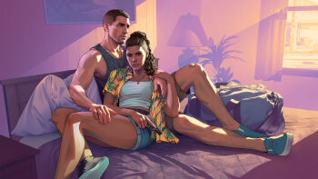 1boy 1girl absurdres bag banknote blue_shoes blue_shorts brown_hair denim denim_shorts duffel_bag grand_theft_auto grand_theft_auto_vi grey_tank_top gun hand_on_another's_shoulder hand_on_another's_thigh handgun highres holding holding_gun holding_weapon indoors jason_duval jason_duval jewelry key_visual long_hair lucia_caminos lucia_caminos money necklace official_art on_bed open_clothes open_shirt print_shirt promotional_art realistic shirt shoes short_hair short_shorts short_sleeves shorts sitting tank_top weapon weapon_request white_tank_top yellow_shirt