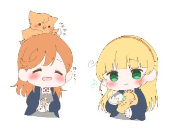 2girls animal animal_on_head animalization baby_bottle bird bird_on_head blonde_hair blue_jacket blunt_bangs bottle collared_shirt commentary_request dolce_(love_live!) dress_shirt dual_persona eighth_note feeding green_eyes hairband heanna_sumire highres isopod jacket long_hair long_sleeves loose_hair_strand love_live! love_live!_superstar!! mormot_(hamuni_naritai_) multiple_girls musical_note neck_ribbon on_head open_clothes open_jacket open_mouth orange_hair orange_hairband owl red_ribbon ribbon school_uniform shibuya_kanon shirt simple_background wavy_mouth white_background white_shirt winter_uniform yuigaoka_school_uniform