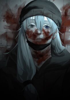 1boy beanie black_hoodie black_shirt blood blood_on_face blood_splatter blue_eyes blue_hair deadpan hair_between_eyes hair_over_shoulder hat highres hood hood_down hoodie jujutsu_kaisen katsumira looking_at_viewer mahito_(jujutsu_kaisen) male_focus mask mouth_mask ponytail shirt smirk solo stitched_face stitched_neck stitches straight-on tile_wall tiles upper_body