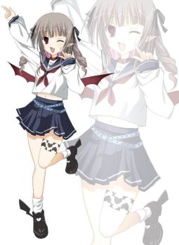 Rule 34 | 1girl, 2000s (style), ;d, belt, black ribbon, black shoes, blue belt, blue sailor collar, blue skirt, blunt bangs, blush, brown hair, collar, colored inner hair, crop top, curly hair, fang, faux retro artstyle, full body, hair ribbon, hashtag-only commentary, index finger raised, jpeg artifacts, jpeg artifacts on purpose, leg tattoo, long sleeves, looking at viewer, makaino ririmu, makaino ririmu (4th costume), medium hair, midriff peek, miniskirt, multicolored hair, multiple belts, navel, neckerchief, nijisanji, one eye closed, open mouth, p8vpdb, pink hair, pleated skirt, pointy ears, red collar, red eyes, red neckerchief, ribbon, sailor collar, school uniform, serafuku, shirt, shoes, sidelocks, skirt, smile, socks, solo, tattoo, two side up, virtual youtuber, white background, white shirt, white socks, winged shoes, wings, zoom layer