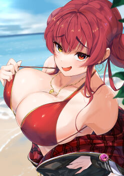1girl absurdres beach bikini bikini_pull black_jacket blue_sky blush breasts cleavage clothes_pull cloud cobato. double_bun earrings fang gold_earrings gold_necklace hair_bun hand_on_own_hip heart heart_necklace heterochromia highres hololive houshou_marine houshou_marine_(summer) jacket jewelry large_breasts long_hair looking_at_viewer naughty_face necklace official_alternate_costume open_mouth red_bikini red_eyes red_hair red_jacket skin_fang sky smile solo swimsuit teasing two-sided_fabric two-sided_jacket virtual_youtuber water yellow_eyes