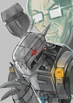 Rule 34 | 1boy, absurdres, analogman (digimon), arupg, digimon, digimon (creature), digimon world, finger to mouth, glasses, grey background, highres, mugendramon, non-humanoid robot, red eyes, robot, robot dragon, simple background, solo focus, upper body