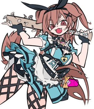 animal_ears baseball_bat blue_nails brown_eyes brown_hair cxdotchison dog_ears dog_tail dress fang fingerless_gloves gloves hashtag-only_commentary heart-shaped_lock highres holding holding_baseball_bat hololive inugami_korone tail