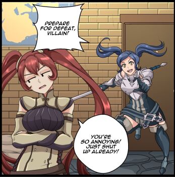 2girls alternate_hair_color blue_hair breasts crossed_arms cynthia_(fire_emblem) door english_text fire_emblem fire_emblem_awakening holding holding_weapon map medium_breasts multiple_girls nintendo polearm red_hair severa_(fire_emblem) spear speech_bubble twintails weapon yellow_eyes