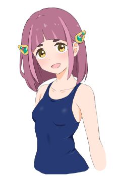 1girl :d absurdres alternate_costume arched_bangs blue_one-piece_swimsuit breasts collarbone commentary_request cropped_torso eyelashes hair_ornament hairclip happy highres lacey_(pokemon) medium_hair nintendo one-piece_swimsuit open_mouth pokemon pokemon_sv purple_hair simple_background smile solo swimsuit upper_body usazirou539 white_background yellow_eyes