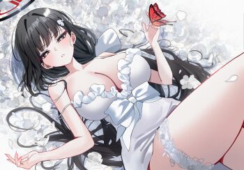 1girl absurdres black_hair black_halo blue_archive blush bow breasts bright_pupils bug butterfly cleavage commentary_request dress flower hair_behind_ear hair_ornament halo highres insect large_breasts long_hair lying mango_(mango0208) multicolored_halo on_back red_eyes red_halo ringed_eyes rio_(blue_archive) sleeveless sleeveless_dress solo thigh_strap two-tone_halo white_dress white_pupils