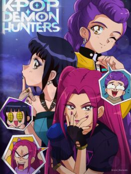 1990s_(style) 3girls black_hair braid brenni_murasaki double_bun earrings hair_bun highres holding jewelry kpop_demon_hunters long_hair looking_at_viewer mira_(kpop_demon_hunters) multiple_girls pink_hair procreate_(medium) purple_hair retro_artstyle rumi_(kpop_demon_hunters) shirt short_hair sidelocks smile twintails zoey_(kpop_demon_hunters)