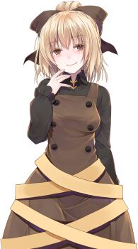 Rule 34 | 1girl, black bow, black shirt, blonde hair, blush, bow, breasts, brown dress, buttons, closed mouth, collared shirt, commentary request, cowboy shot, crote, dress, fingernails, frilled sleeves, frills, hair bow, hand up, head tilt, highres, kurodani yamame, large variant set, long sleeves, medium breasts, pinafore dress, ponytail, shirt, short hair, simple background, sleeveless, sleeveless dress, smile, solo, standing, tachi-e, touhou, transparent background, variant set