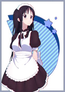 absurdres akiyama_mio alternate_costume apron arms_behind_back back_bow black_dress black_eyes black_hair blush border bow breasts chromatic_aberration closed_mouth commentary cowboy_shot dress enmaided frilled_apron frills grey_border highres k-on! long_hair looking_to_the_side maid maid_headdress medium_breasts neck_ribbon notus_23 outside_border pinafore_dress puffy_short_sleeves puffy_sleeves ribbon short_sleeves simple_background sleeveless sleeveless_dress star_(symbol) waist_bow white_apron white_ribbon