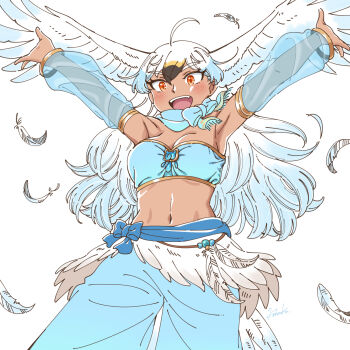 1girl ahoge armpits arms_up bird_girl bird_tail bird_wings black_hair blonde_hair blue_pants blush bouncing_breasts breasts dark-skinned_female dark_skin feathers hair_between_eyes harem_outfit harem_pants head_wings highres japari_symbol kemono_friends kohaku_(kohakumochi) large_breasts long_hair looking_at_viewer multicolored_hair navel open_hands open_mouth original outstretched_arms outstretched_hand pants personification red_eyes scarf simple_background smile solo spread_arms spread_wings stomach strapless tail tube_top unaligned_breasts very_long_hair white_background white_hair wings