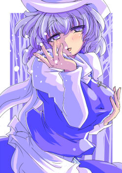 1girl apron blush border breasts commentary commentary_request eruichi_(redphantom) fingernails hand_on_own_chest hat large_breasts letty_whiterock long_sleeves looking_at_viewer outside_border purple_eyes purple_hair purple_skirt purple_vest scarf shirt skirt skirt_set smile solo touhou tree vest waist_apron white_apron white_border white_hat white_scarf white_shirt