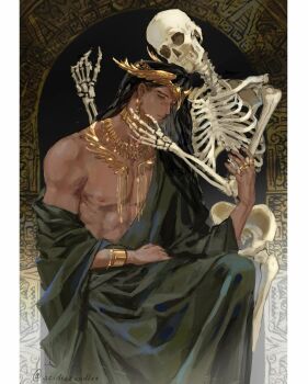 1boy 1other acidiccandles alternate_costume artist_name azik_eggers aztec bare_pectorals black_hair bone bracelet circlet commentary dark-skinned_male dark_skin earrings english_commentary gold gold_bracelet gold_circlet gold_necklace hand_on_another's_face highres jewelry long_hair looking_at_viewer lord_of_the_mysteries male_focus multiple_rings necklace nipples open_clothes open_robe pectorals ring robe sideways_glance single_bare_shoulder sitting skeleton toned toned_male very_long_hair