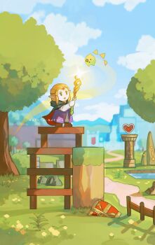 1girl :d artist_name black_cloak blonde_hair blue_sky blurry blurry_background brown_shoes bush castle circlet cloak cloud day dress fence flower glowing grass hands_up hashtag-only_commentary heart highres holding holding_staff hood hood_down hooded_cloak long_sleeves mage_staff maruta_maruta mountainous_horizon nintendo open_mouth outdoors parted_bangs path pillar plant pointy_ears princess_zelda purple_dress road rock scenery shoes sidelocks signature sky smile solid_oval_eyes solo staff standing the_legend_of_zelda the_legend_of_zelda:_echoes_of_wisdom tree tri_(zelda) tri_rod two-tone_dress water white_dress white_flower wooden_fence