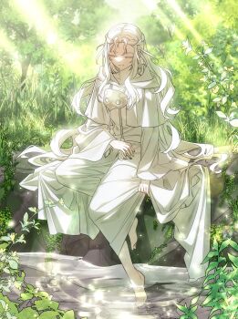 Rule 34 | 1girl, absurdres, barefoot, capelet, closed eyes, commentary request, day, dreaminglum, final fantasy, final fantasy xiv, full body, grass, half updo, highres, korean commentary, light rays, long hair, mask, mask around neck, outdoors, robe, sitting, skirt hold, smile, soaking feet, solo, sophist's robe (ff14), sparkle, sunlight, unworn mask, venat (ff14), water, white capelet, white hair, white robe