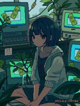 1girl artist_name commentary computer computer_keyboard crt dated grey_jacket hood hooded_jacket indoors jacket looking_at_viewer monitor nanami_yuki_(yuki77mi) open_clothes open_jacket original pixel_art plant potted_plant print_shirt shirt sitting skirt sleeves_pushed_up solo symbol-only_commentary vase window