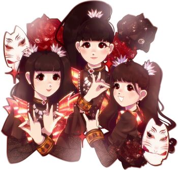 Rule 34 | 3girls, animification, babymetal, black flower, black hair, black rose, blush, brown eyes, brown hair, commentary, cropped torso, flower, fox shadow puppet, high ponytail, highres, kikuchi moa, lilichiart, long hair, looking at viewer, mask, mizuno yui, multiple girls, nakamoto suzuka, ponytail, real life, red flower, red rose, rose, simple background, smile, symbol-only commentary, twintails, white background