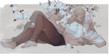 2boys absurdres bara barefoot black_pants blonde_hair cigarette couple flower highres holding holding_cigarette jack_krauser leon_s._kennedy male_focus multiple_boys muscular muscular_male official_alternate_costume pants resident_evil resident_evil_4 resident_evil_4_(remake) shirt short_hair topless_male vetania white_flower white_hair white_shirt yaoi