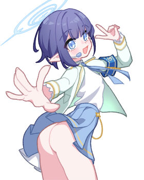1girl absurdres aoi_(blue_archive) armband ass blue_archive blue_armband blue_eyes blue_hair blue_halo blue_necktie blue_skirt collared_jacket commentary_request halo headset highres jacket looking_at_viewer looking_back microphone miniskirt necktie no_panties open_clothes open_jacket open_mouth pointy_ears reaching reaching_towards_viewer s9uirrel skirt solo v white_background white_jacket