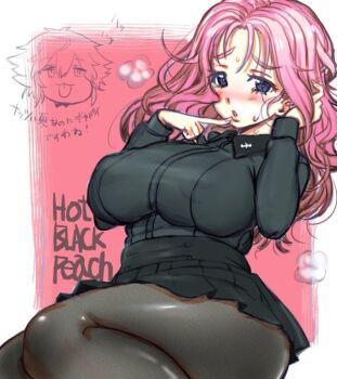 1girl black_pantyhose blue_eyes blush breasts commentary cranberry_(girls_und_panzer) finger_to_mouth girls_und_panzer kuromorimine_school_uniform large_breasts long_hair looking_at_viewer miniskirt nabeyu open_mouth pantyhose peach_(girls_und_panzer) pink_hair school_uniform skirt solo symbol-only_commentary