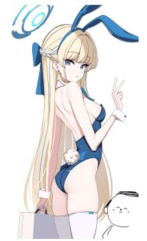 1boy 1girl absurdres animal_ears ass bare_shoulders blonde_hair blue_archive blue_eyes blue_leotard bow bowtie braid breasts briefcase detached_collar dickbomber doodle_sensei_(blue_archive) fake_animal_ears halo highleg highleg_leotard highres leotard long_hair looking_at_viewer looking_back medium_breasts playboy_bunny rabbit_ears rabbit_tail sensei_(blue_archive) solo_focus tail thighhighs thighs toki_(blue_archive) toki_(bunny)_(blue_archive) white_thighhighs wrist_cuffs
