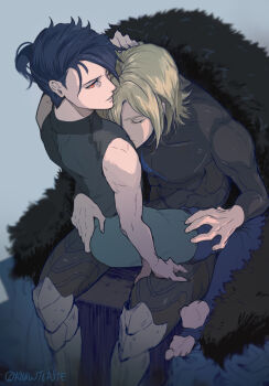 2boys armor bare_shoulders black_armor black_fur black_shirt blonde_hair blue_cape blue_hair blue_pants breastplate cape closed_eyes commentary dimitri_alexandre_blaiddyd dimitri_alexandre_blaiddyd_(timeskip) english_commentary felix_hugo_fraldarius felix_hugo_fraldarius_(timeskip) fire_emblem fire_emblem:_three_houses fur-trimmed_cape fur_trim gauntlets hand_on_another&#039;s_ass hand_on_another&#039;s_head hand_on_another&#039;s_thigh knowtoastie male_focus multiple_boys nintendo orange_eyes pants parted_bangs parted_lips ponytail shirt short_ponytail sitting sitting_on_lap sitting_on_person sleeveless sleeveless_shirt stirrup_legwear toeless_legwear toned toned_male twitter_username yaoi