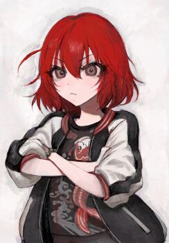 1girl animal_print black_shirt carp chinosuke_(o_j_o_p) commentary_request crossed_arms hair_between_eyes highres idolmaster idolmaster_cinderella_girls jacket letterman_jacket looking_ahead multicolored_jacket murakami_tomoe open_clothes open_jacket partial_commentary red_hair shirt short_hair simple_background solo two-tone_jacket upper_body