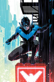 1boy building dc_comics dick_grayson male_focus mask nightwing rain sign