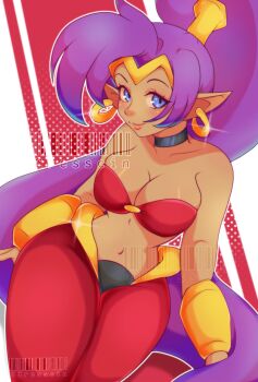 1girl blue_eyes blush bracer breasts choker cleavage collarbone cresscin dancer dark_skin earrings harem_pants highres jewelry large_breasts long_hair looking_at_viewer midriff navel pants pointy_ears ponytail purple_hair red_background red_pants red_shirt shantae shantae_(series) shirt sitting smile strapless tiara tube_top wayforward