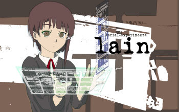 1990s_(style) 1girl asymmetrical_hair bad_id bad_pixiv_id brown_eyes brown_hair female_focus floating_screen hair_tie highres iwakura_lain retro_artstyle school_uniform serial_experiments_lain solo yubisaki