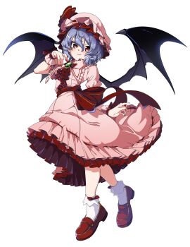 Rule 34 | 1girl, absurdres, ascot, bat wings, blue hair, brooch, closed mouth, commentary request, eyes visible through hair, frilled skirt, frills, full body, gokuu (acoloredpencil), hair between eyes, hat, hat ribbon, highres, jewelry, letterboxed, loafers, looking at viewer, medium hair, mob cap, pink hat, pink shirt, pink skirt, pink wrist cuffs, red ascot, red eyes, red nails, red shoes, remilia scarlet, ribbon, ribbon-trimmed skirt, ribbon trim, shirt, shoes, simple background, skirt, skirt set, smile, socks, solo, touhou, white background, white socks, wings, wrist cuffs