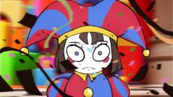 Rule 34 | 1girl, artist request, blue eyes, blunt bangs, blunt ends, blush stickers, brown hair, checkered floor, confetti, constricted pupils, death, explosion, gloves, hat, hat bell, highres, jester, jester cap, jester costume, jujutsu kaisen, looking at another, looking at viewer, motion blur, multicolored clothes, multicolored hat, parody, pomni (the amazing digital circus), puffy short sleeves, puffy sleeves, red eyes, sad, shaded face, short hair, short sleeves, skirt, solo, striped clothes, striped headwear, style parody, surprised, the amazing digital circus, two-tone eyes, upper body, vertical-striped bodysuit, vertical-striped clothes, vertical-striped headwear, white skirt, wide-eyed